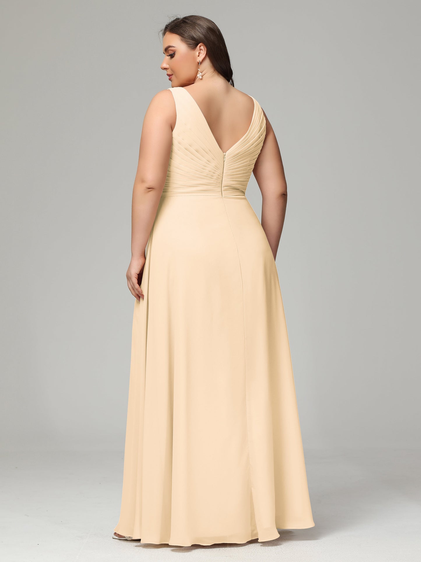 V-neck Straps Chiffon Plus Size Long Bridesmaid Dresses