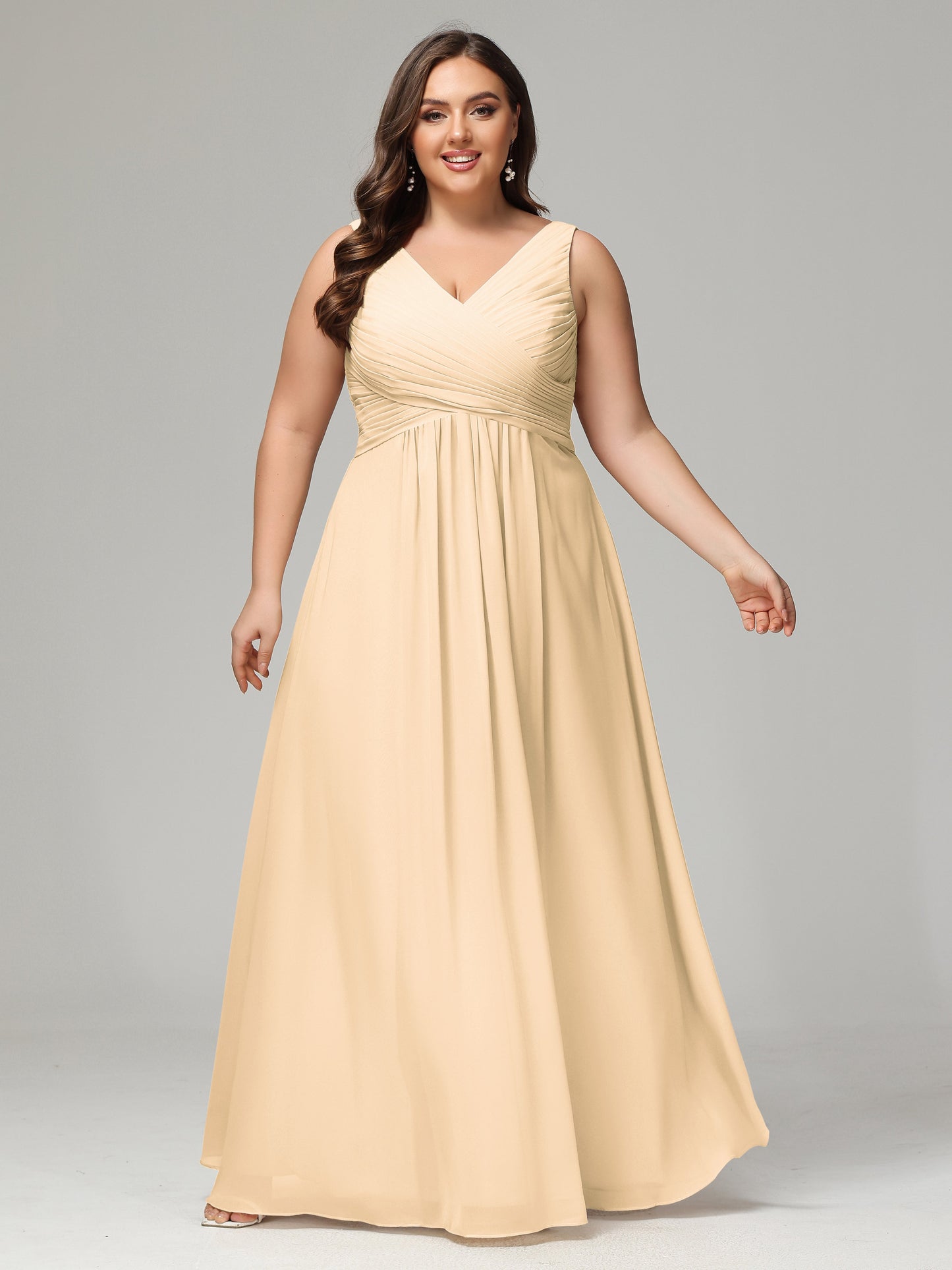 V-neck Straps Chiffon Plus Size Long Bridesmaid Dresses