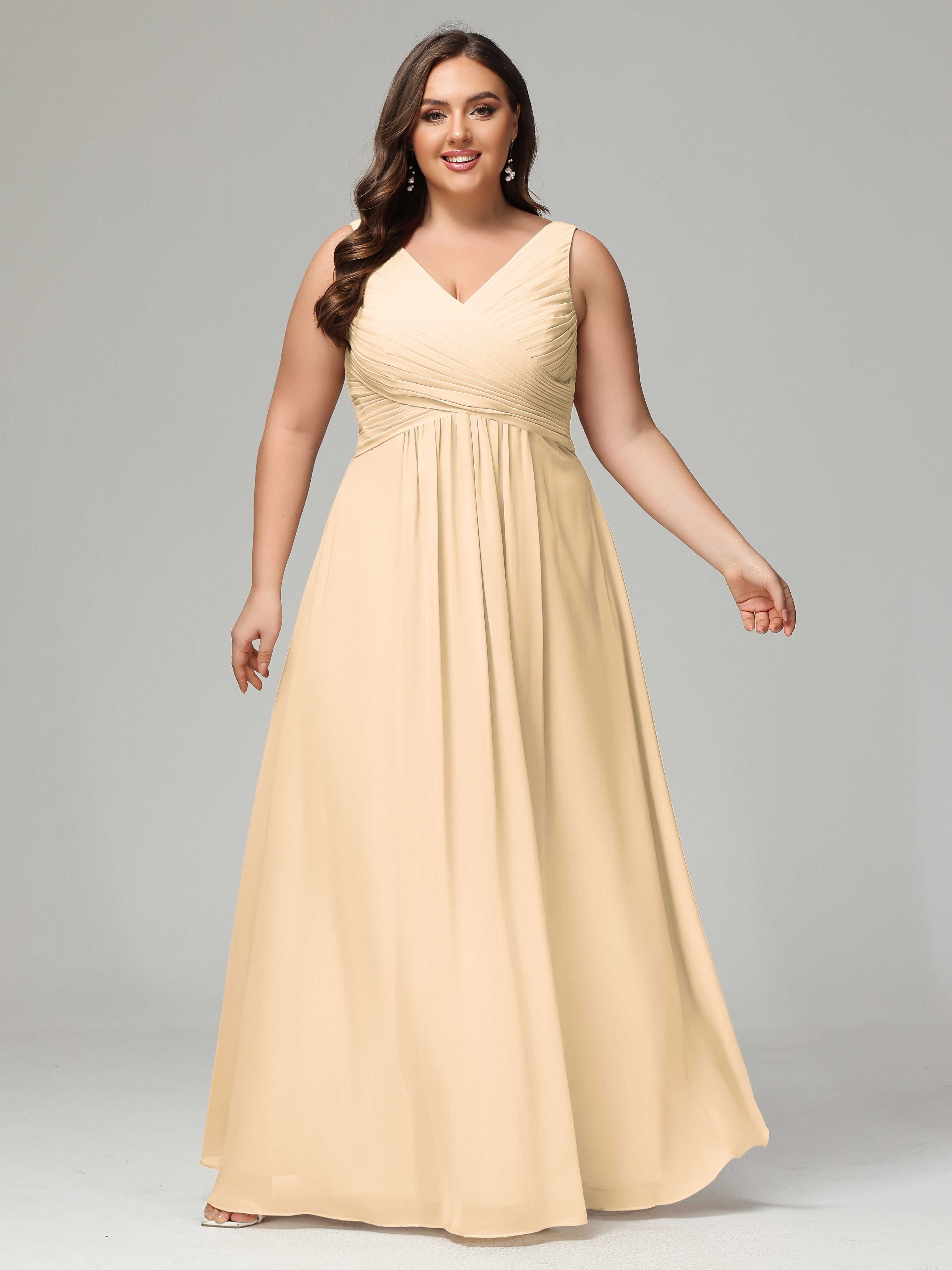 V-neck Straps Chiffon Plus Size Long Bridesmaid Dresses