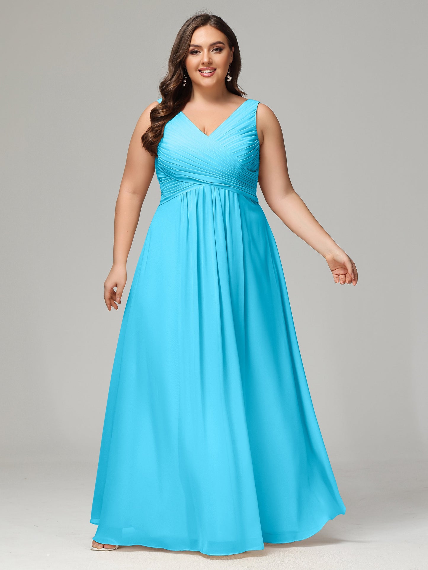V-neck Straps Chiffon Plus Size Long Bridesmaid Dresses