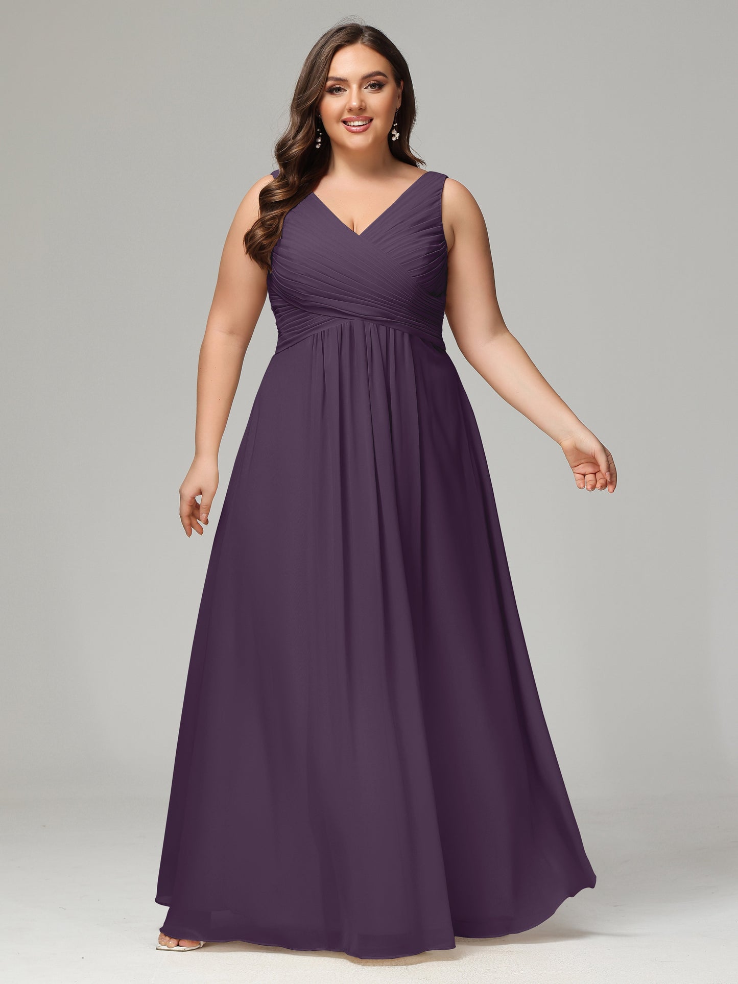 V-neck Straps Chiffon Plus Size Long Bridesmaid Dresses