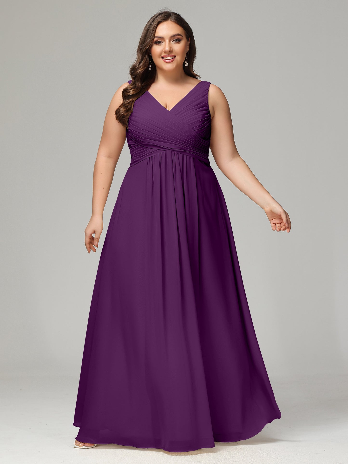 V-neck Straps Chiffon Plus Size Long Bridesmaid Dresses