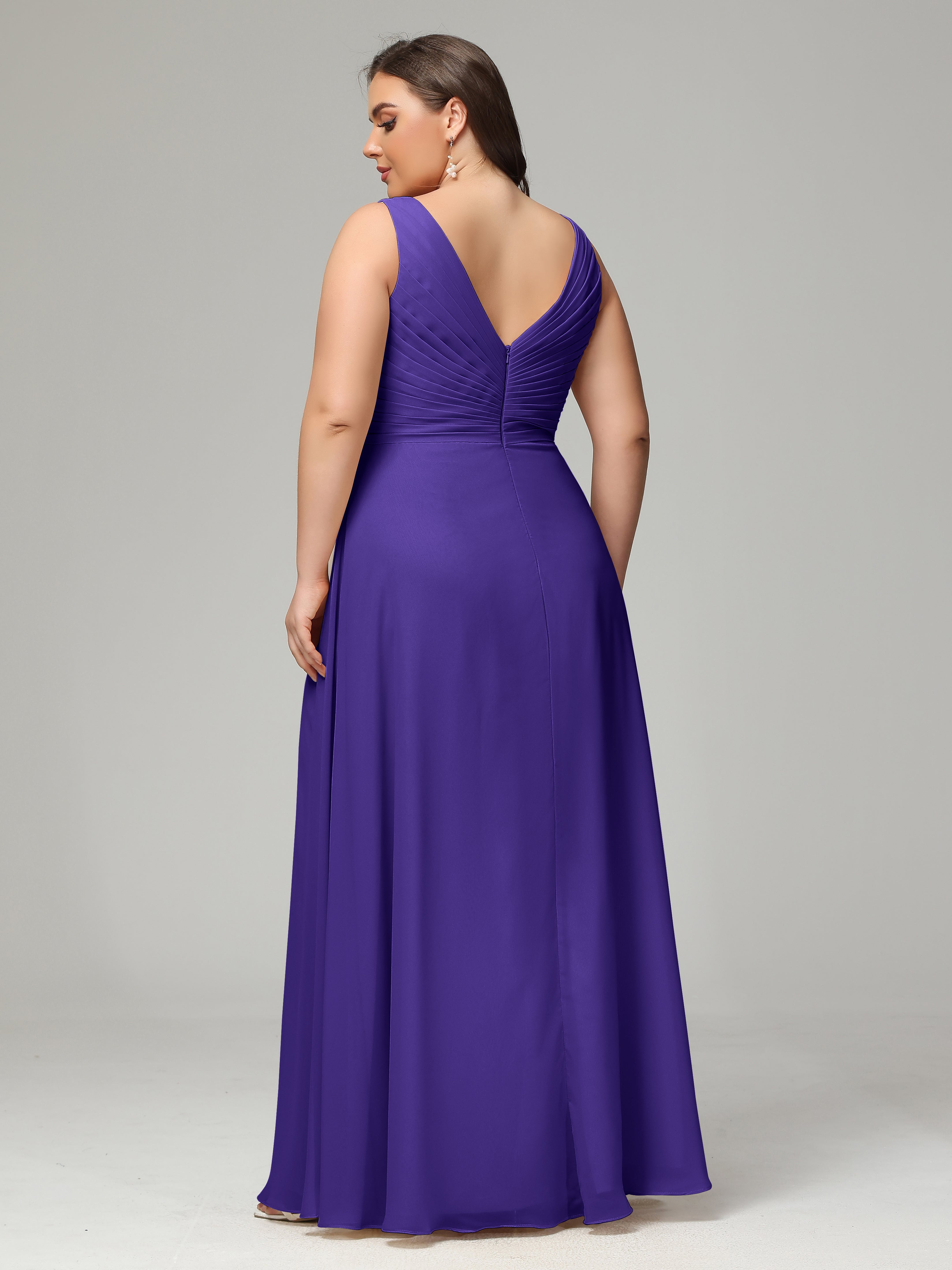 V-neck Straps Chiffon Plus Size Long Bridesmaid Dresses