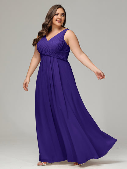 V-neck Straps Chiffon Plus Size Long Bridesmaid Dresses