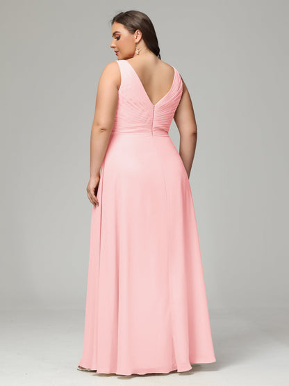 V-neck Straps Chiffon Plus Size Long Bridesmaid Dresses