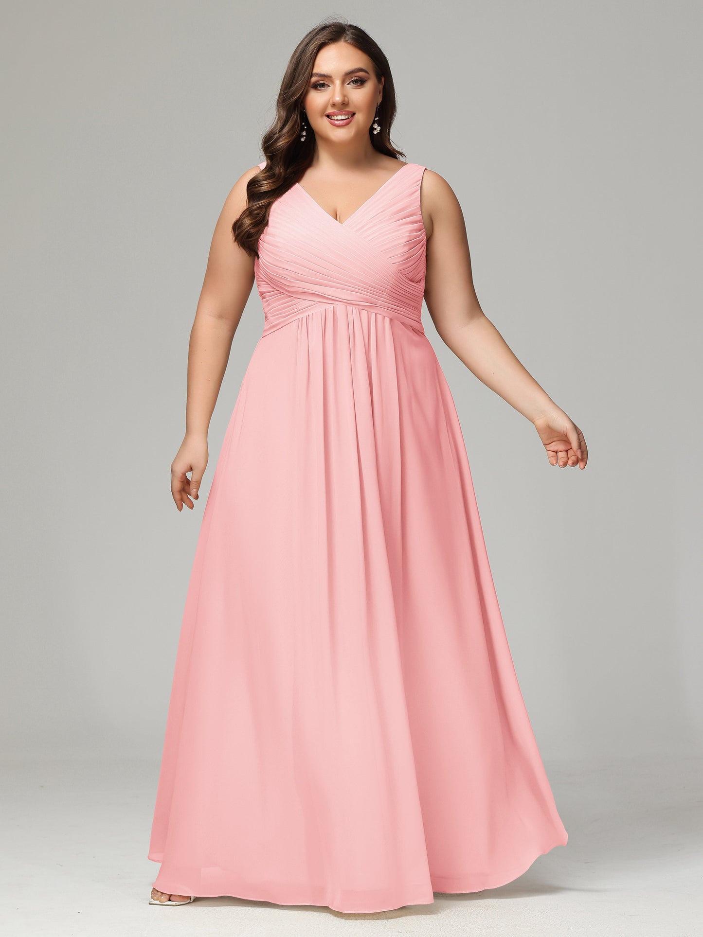 V-neck Straps Chiffon Plus Size Long Bridesmaid Dresses