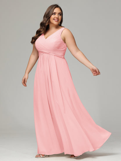 V-neck Straps Chiffon Plus Size Long Bridesmaid Dresses