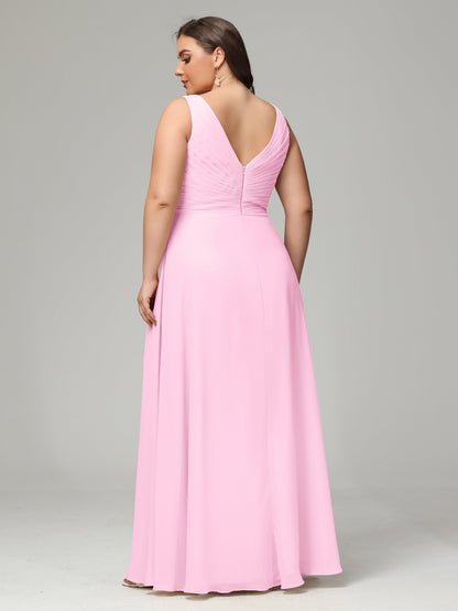V-neck Straps Chiffon Plus Size Long Bridesmaid Dresses