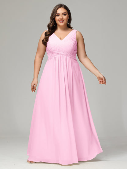 V-neck Straps Chiffon Plus Size Long Bridesmaid Dresses