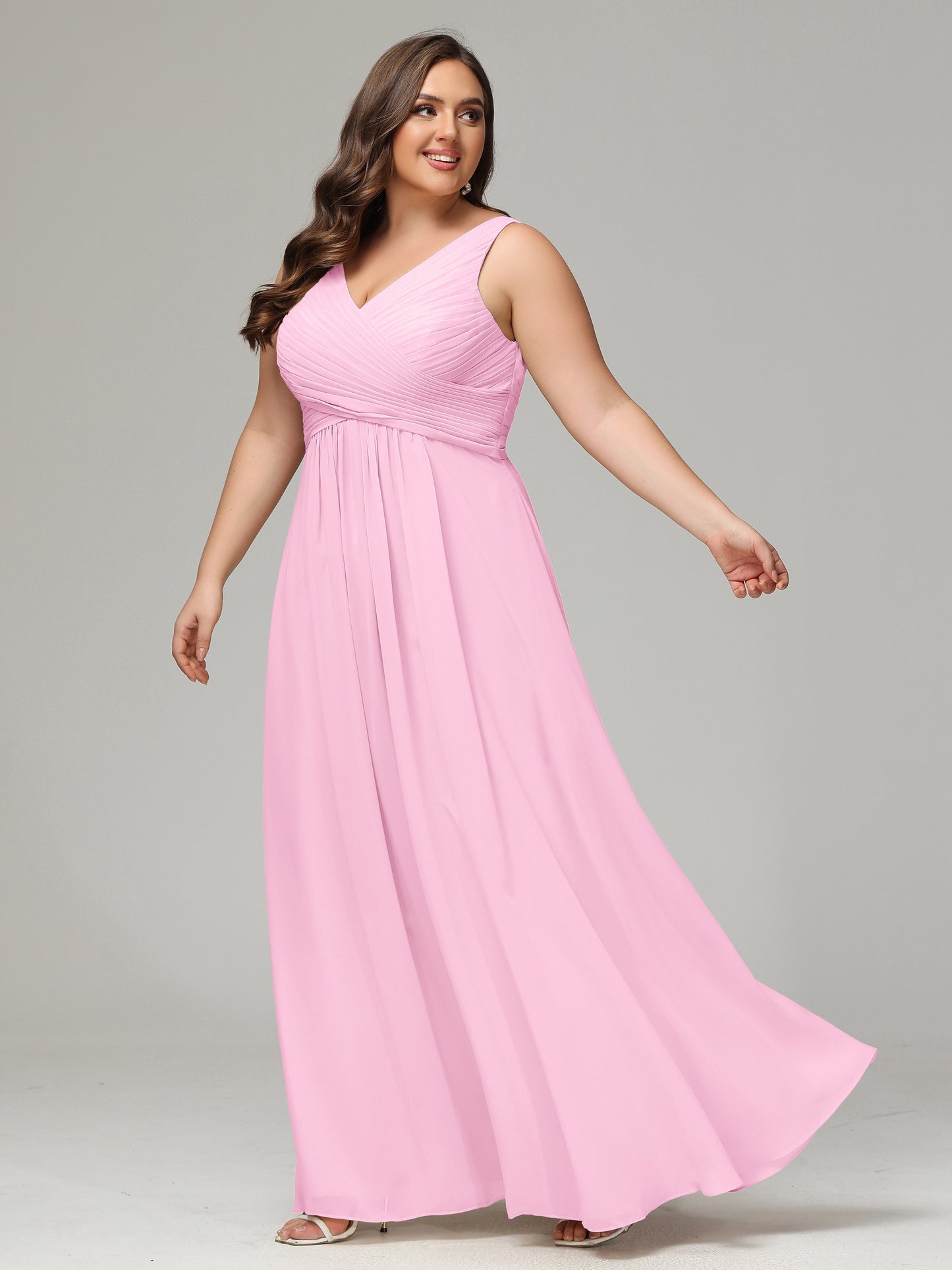 V-neck Straps Chiffon Plus Size Long Bridesmaid Dresses