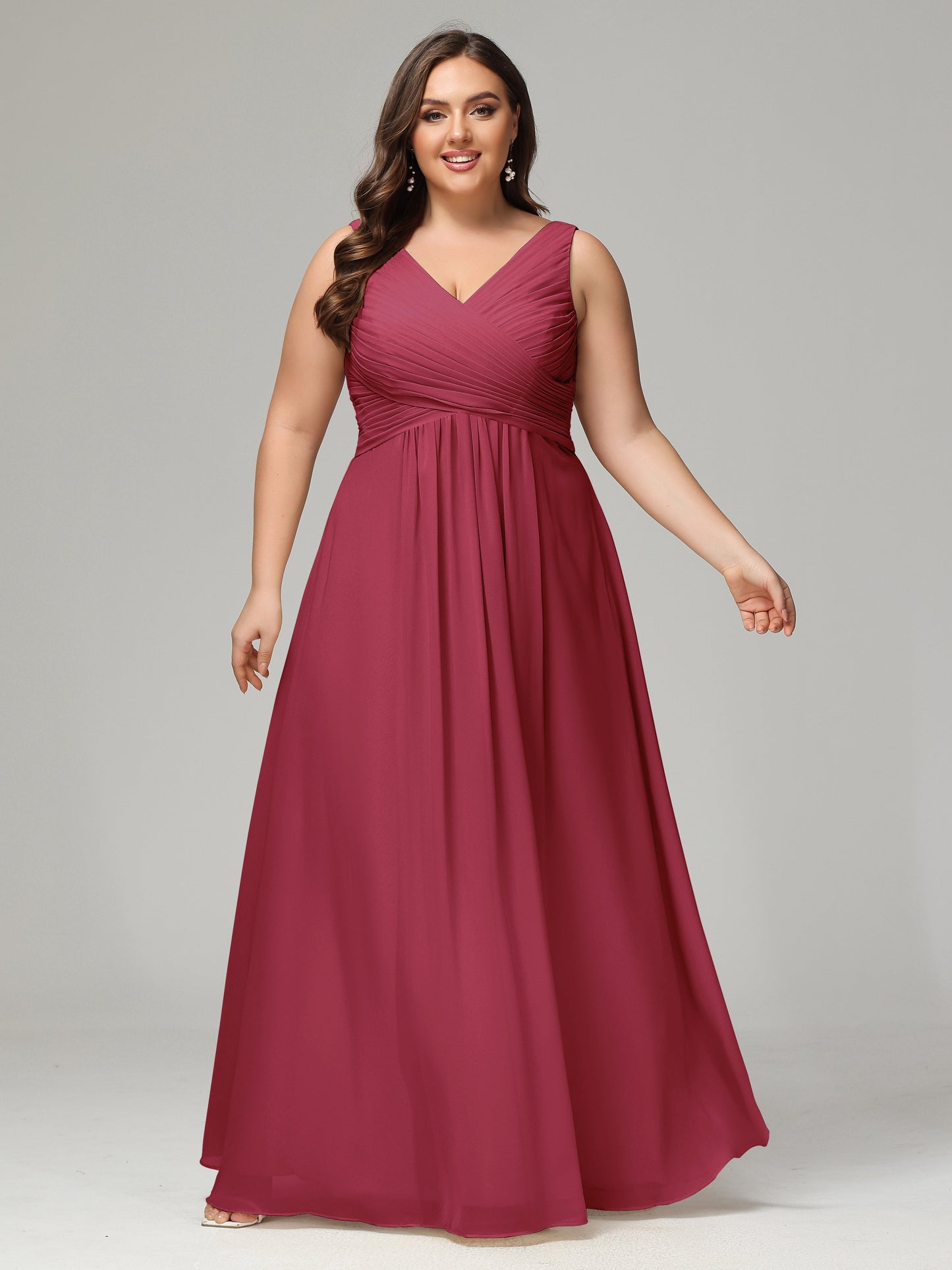 V-neck Straps Chiffon Plus Size Long Bridesmaid Dresses
