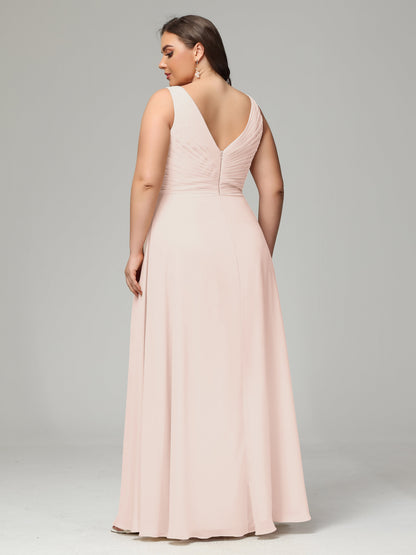 V-neck Straps Chiffon Plus Size Long Bridesmaid Dresses