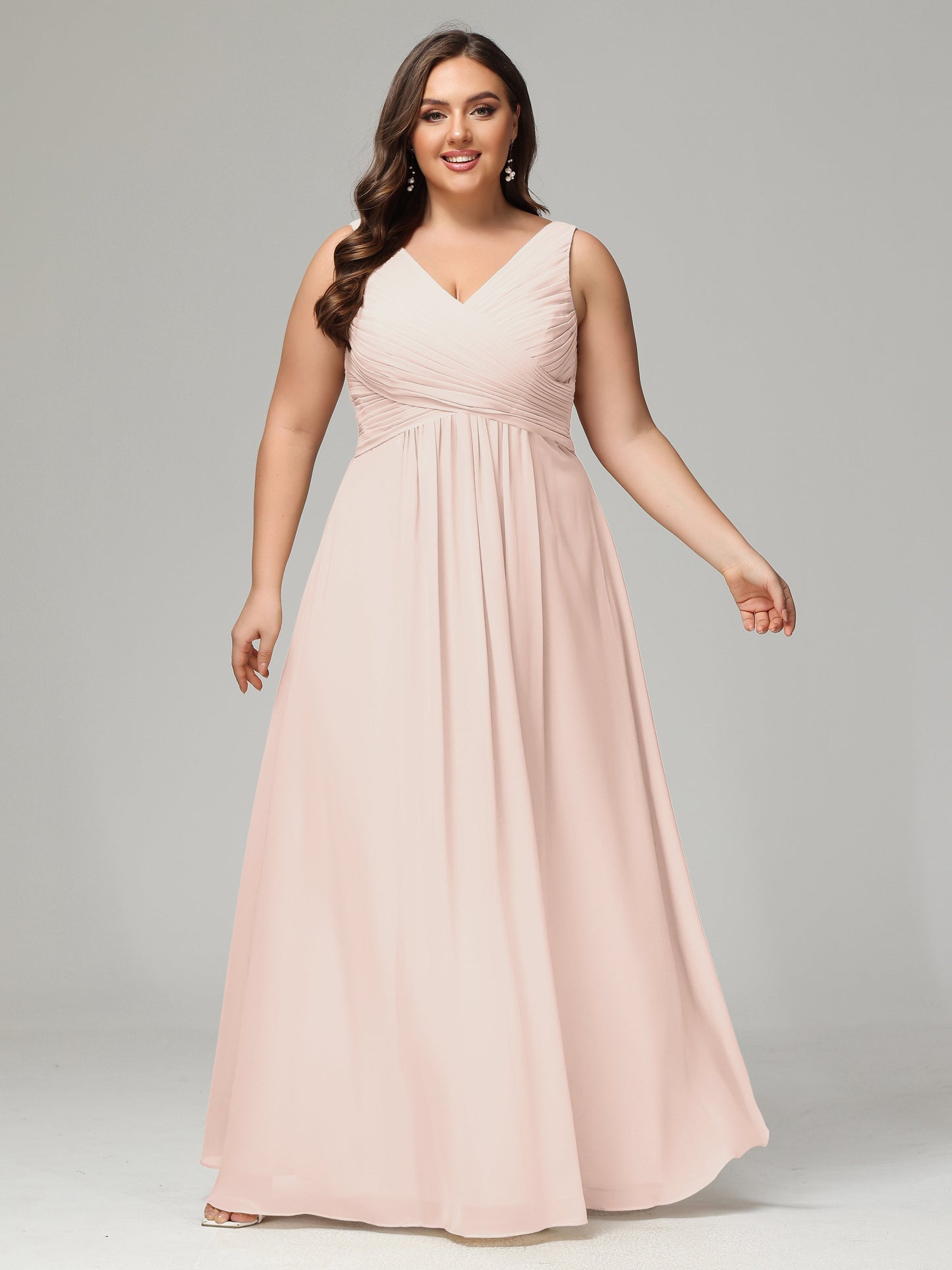 V-neck Straps Chiffon Plus Size Long Bridesmaid Dresses