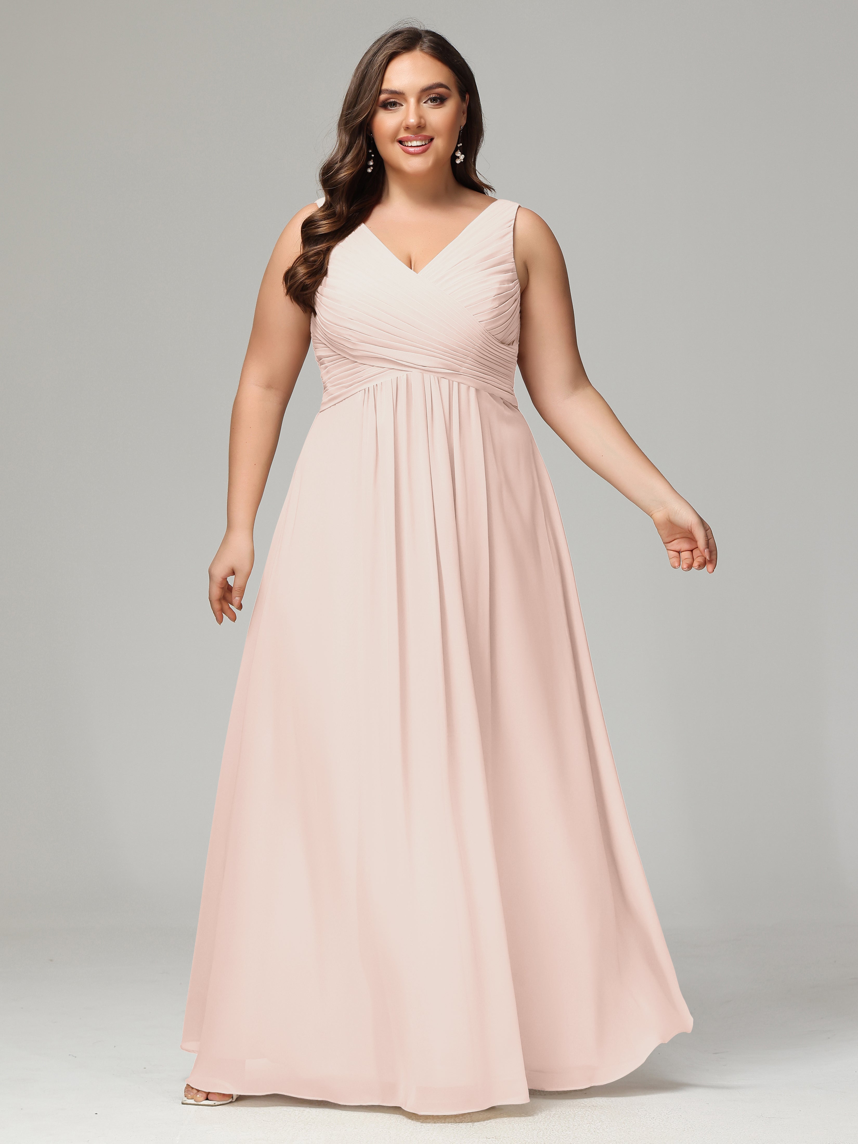 V-neck Straps Chiffon Plus Size Long Bridesmaid Dresses