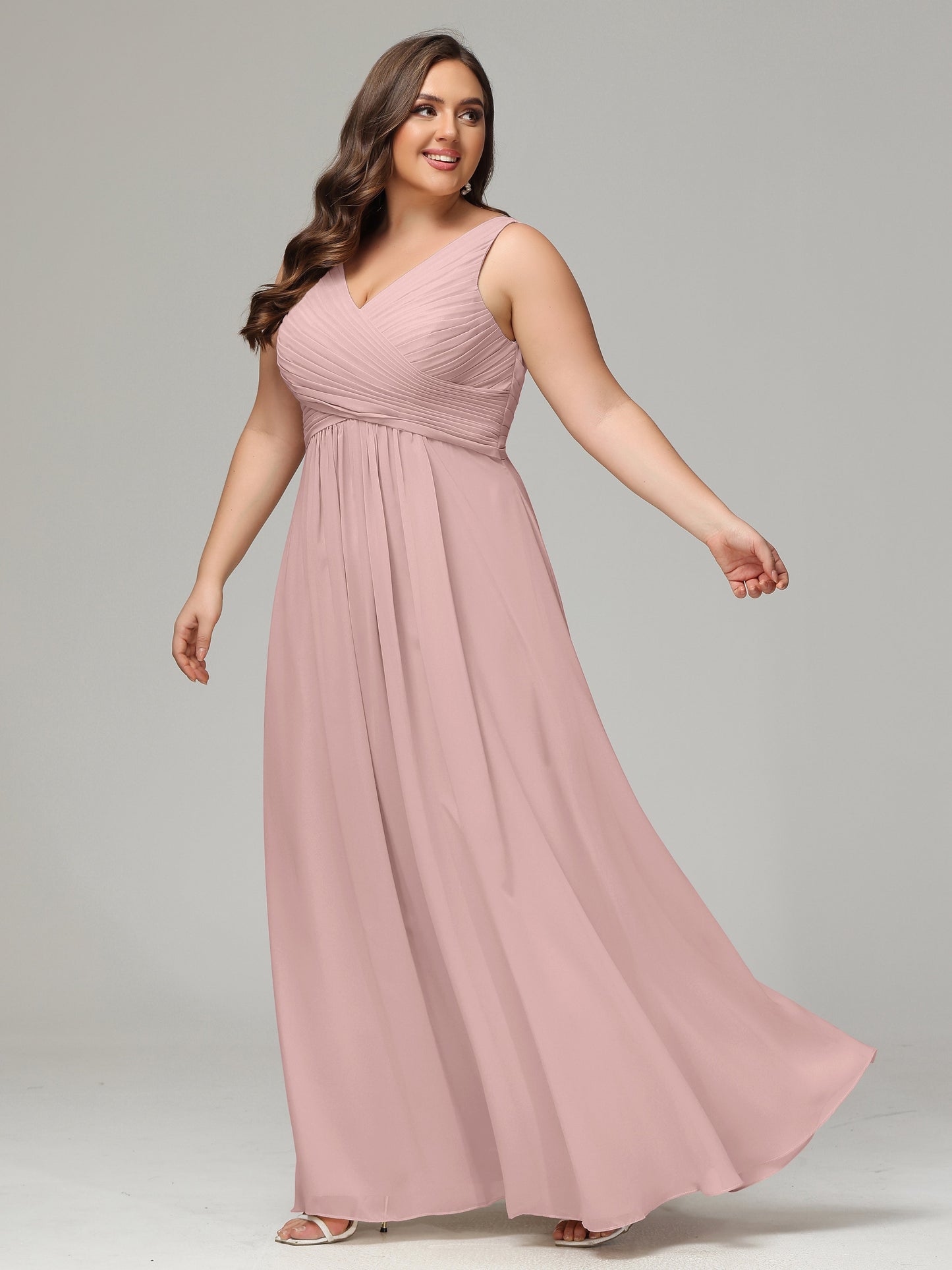 V-neck Straps Chiffon Plus Size Long Bridesmaid Dresses
