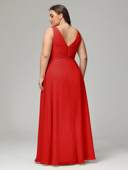 V-neck Straps Chiffon Plus Size Long Bridesmaid Dresses
