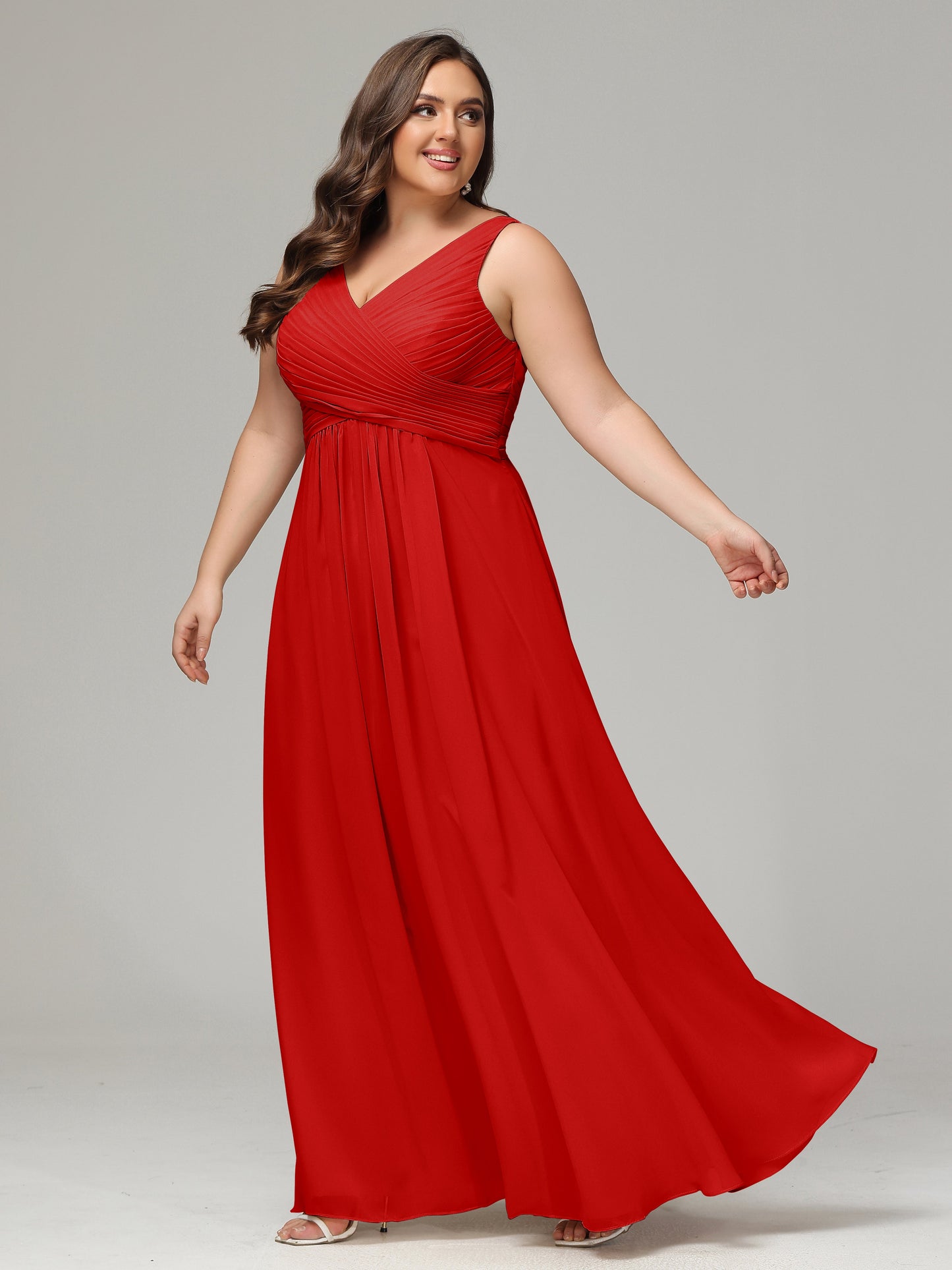 V-neck Straps Chiffon Plus Size Long Bridesmaid Dresses