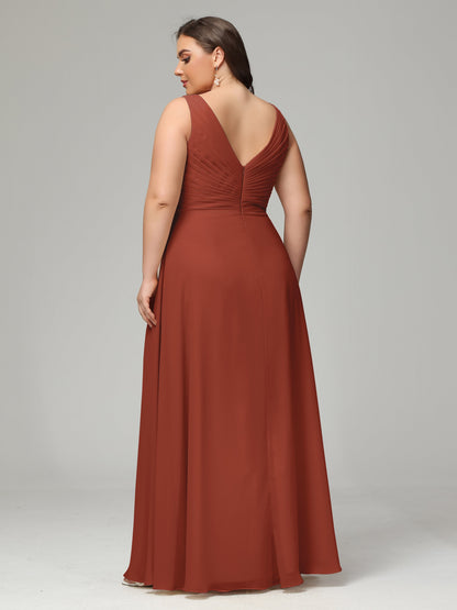 V-neck Straps Chiffon Plus Size Long Bridesmaid Dresses