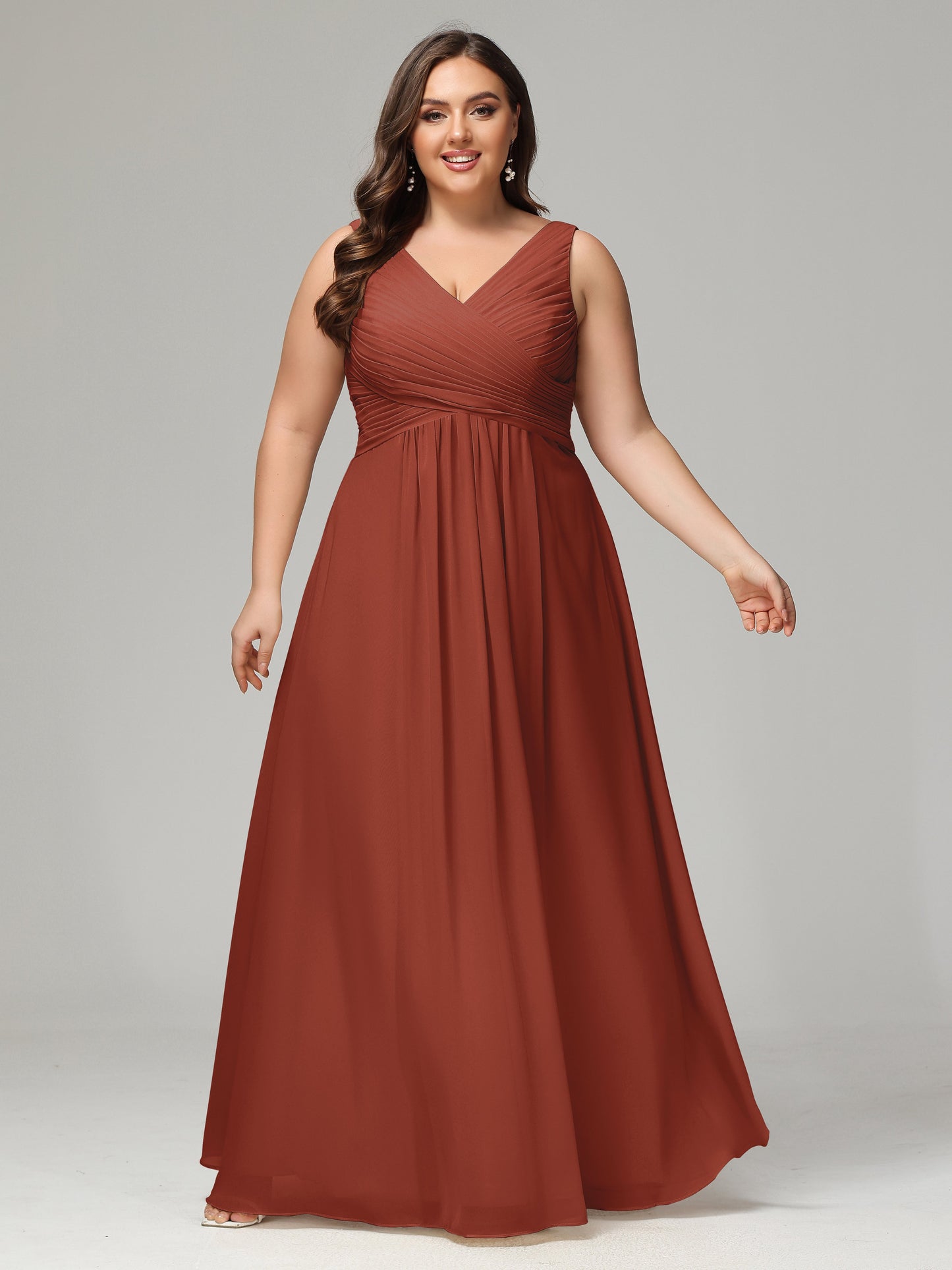 V-neck Straps Chiffon Plus Size Long Bridesmaid Dresses