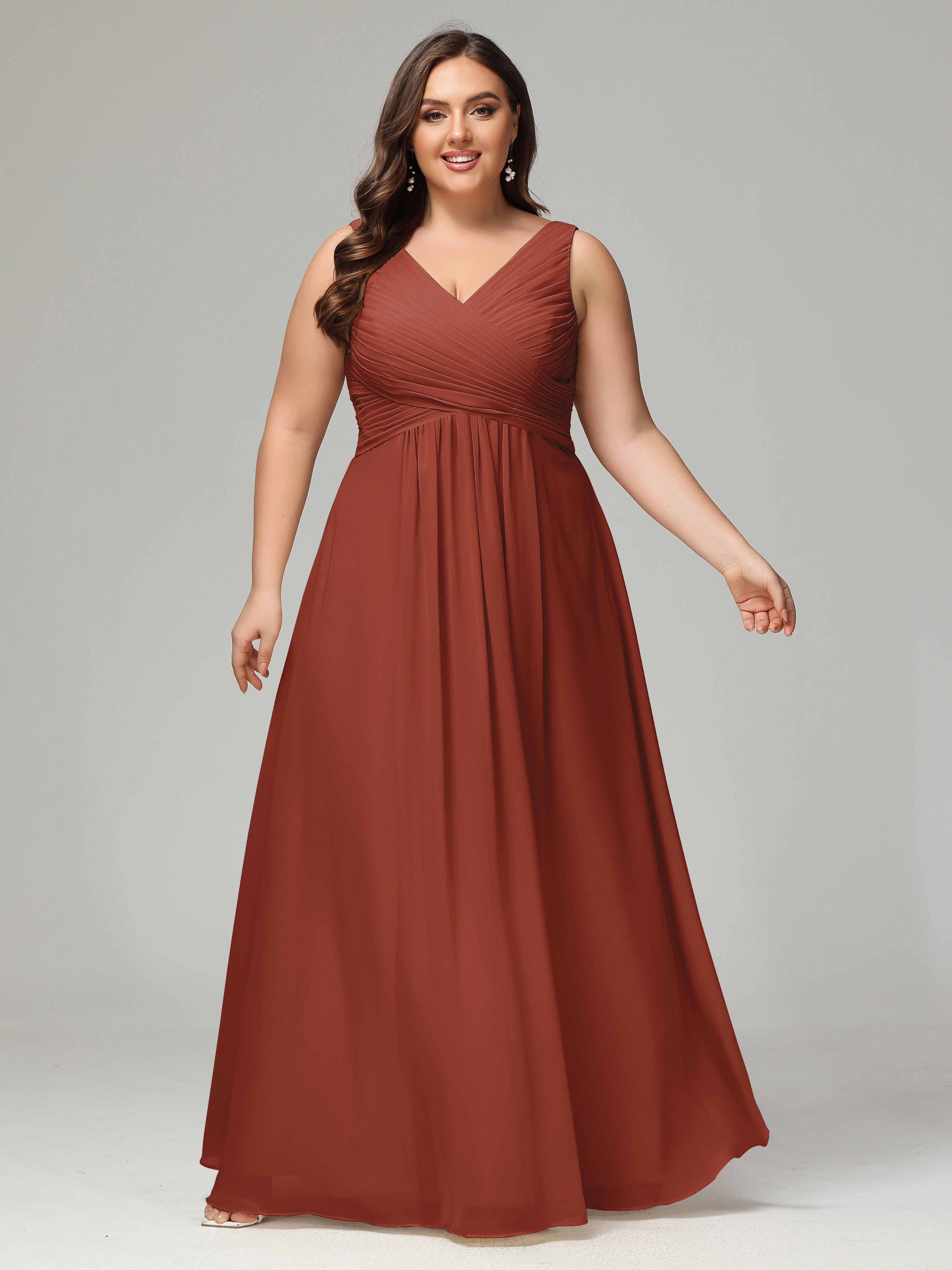 V-neck Straps Chiffon Plus Size Long Bridesmaid Dresses