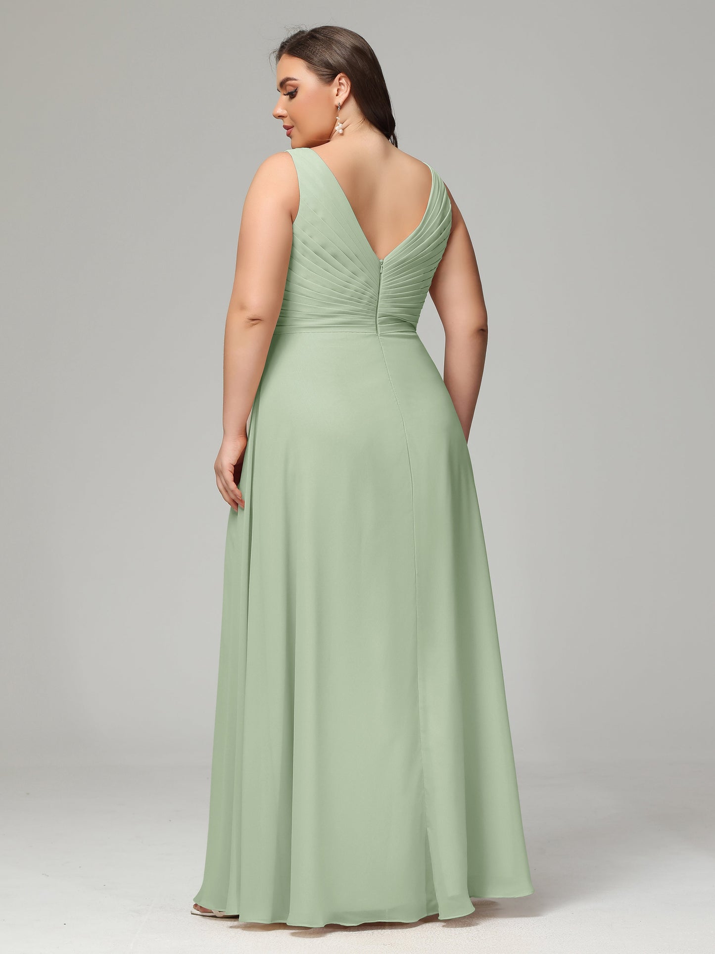 V-neck Straps Chiffon Plus Size Long Bridesmaid Dresses