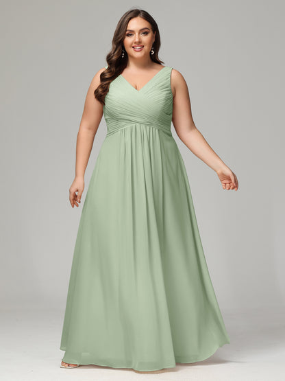 V-neck Straps Chiffon Plus Size Long Bridesmaid Dresses