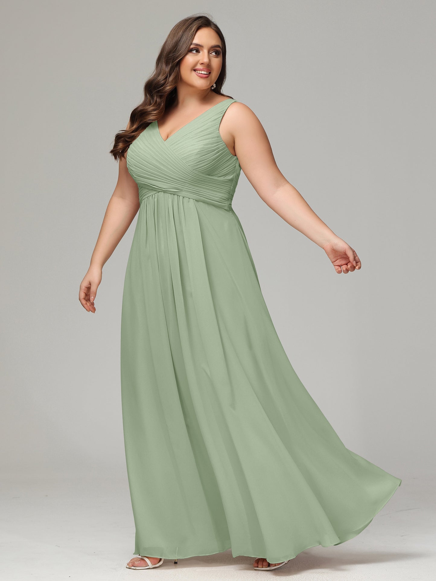 V-neck Straps Chiffon Plus Size Long Bridesmaid Dresses