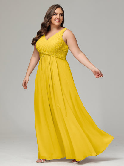 V-neck Straps Chiffon Plus Size Long Bridesmaid Dresses