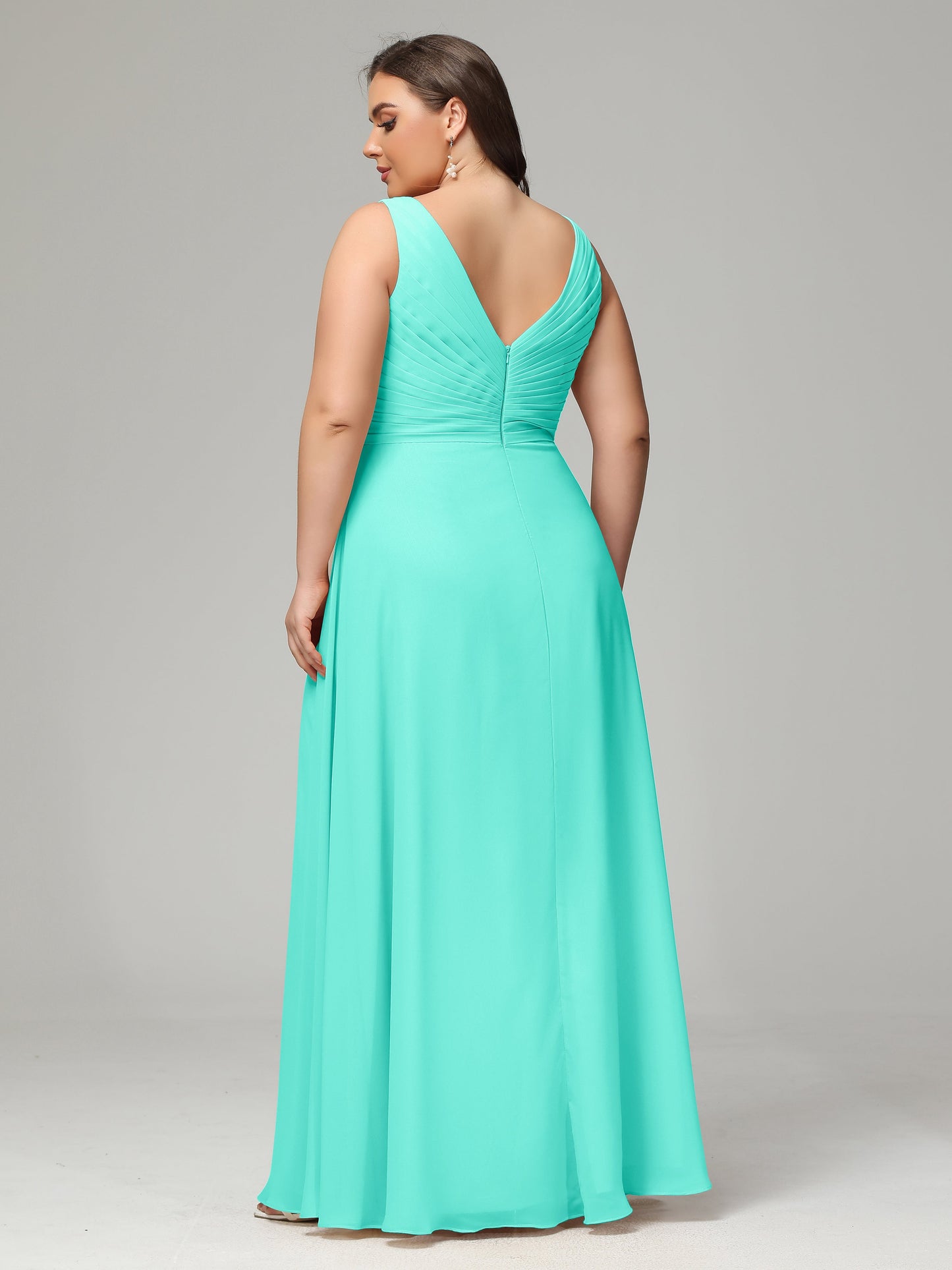 V-neck Straps Chiffon Plus Size Long Bridesmaid Dresses