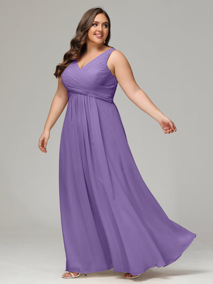 V-neck Straps Chiffon Plus Size Long Bridesmaid Dresses