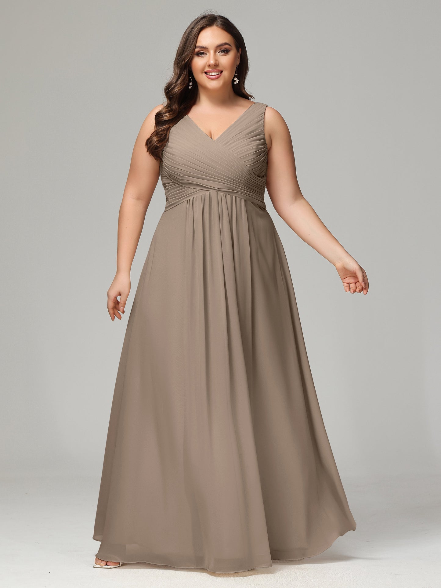 V-neck Straps Chiffon Plus Size Long Bridesmaid Dresses