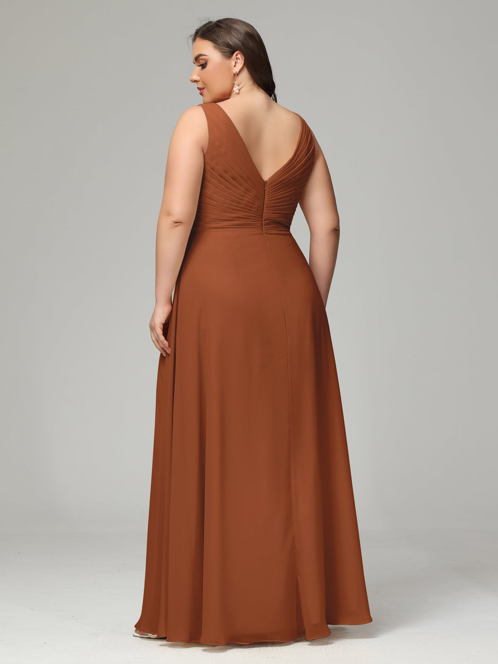 V-neck Straps Chiffon Plus Size Long Bridesmaid Dresses
