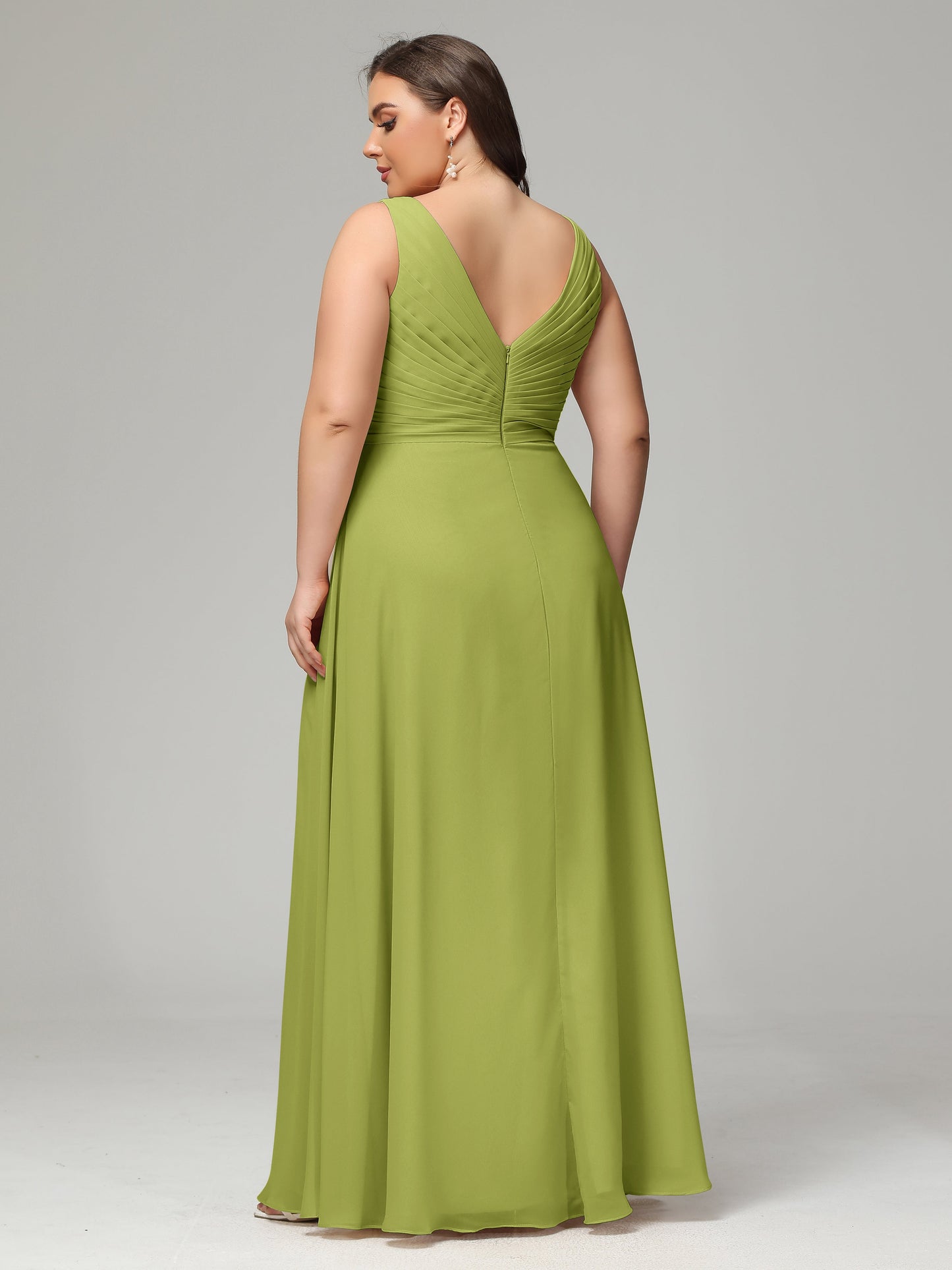 V-neck Straps Chiffon Plus Size Long Bridesmaid Dresses