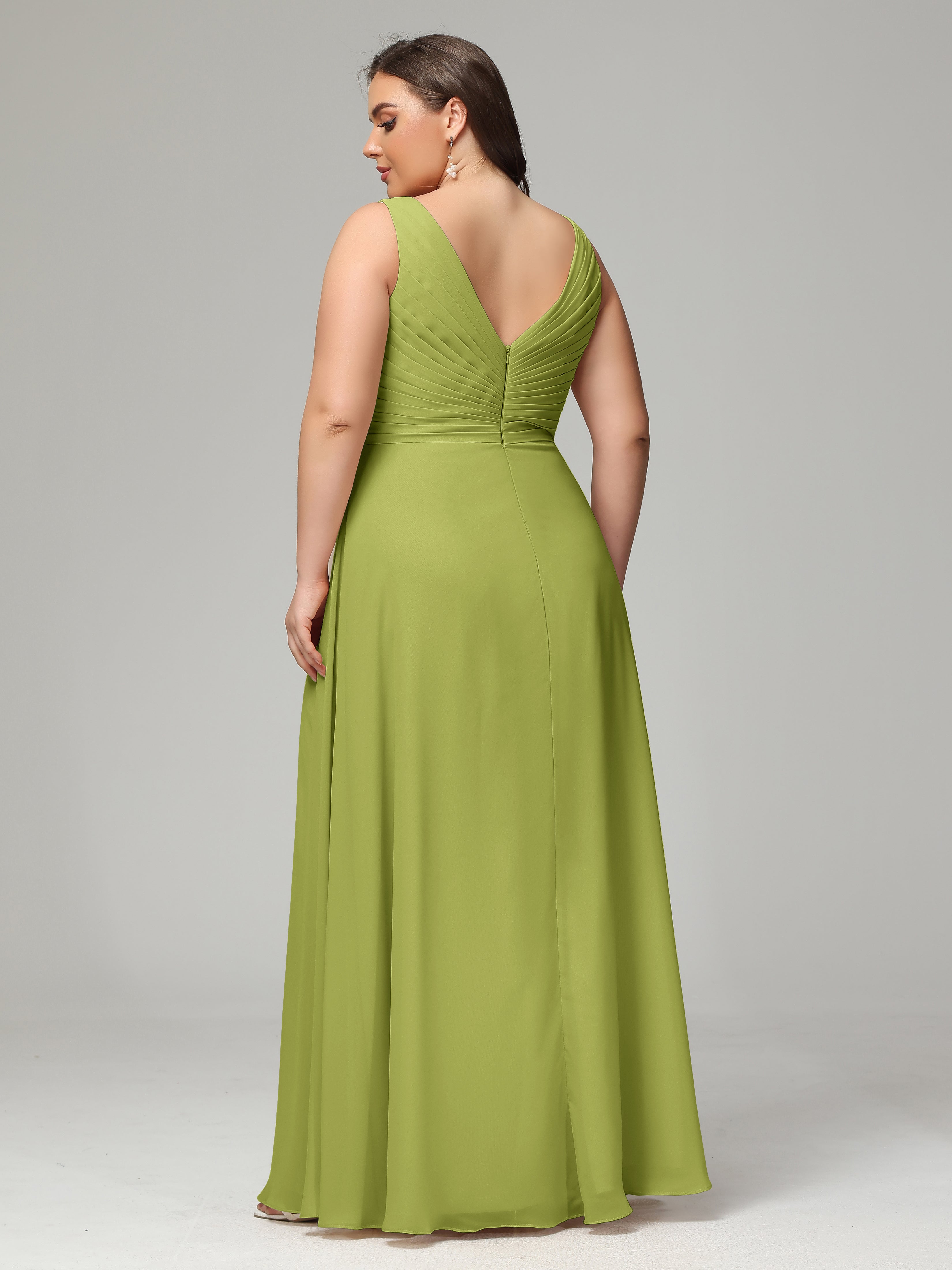 V-neck Straps Chiffon Plus Size Long Bridesmaid Dresses