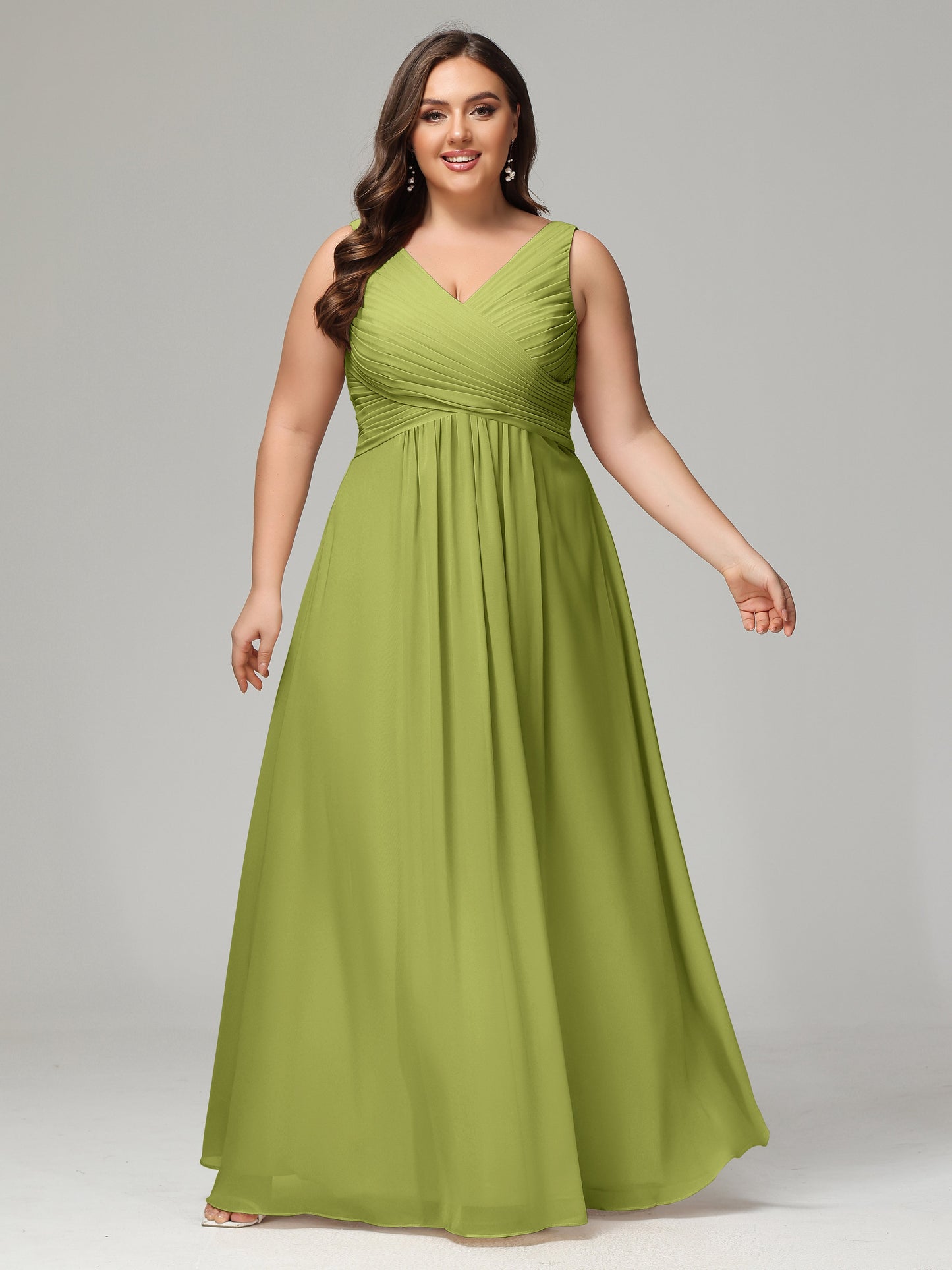 V-neck Straps Chiffon Plus Size Long Bridesmaid Dresses