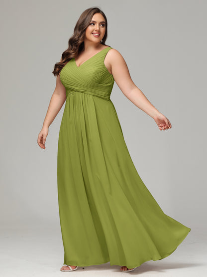 V-neck Straps Chiffon Plus Size Long Bridesmaid Dresses