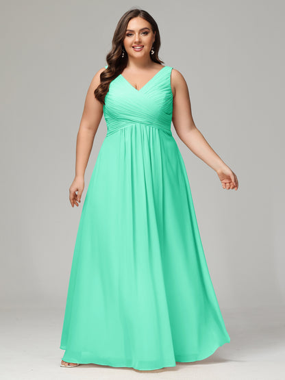 V-neck Straps Chiffon Plus Size Long Bridesmaid Dresses