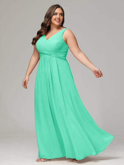 V-neck Straps Chiffon Plus Size Long Bridesmaid Dresses