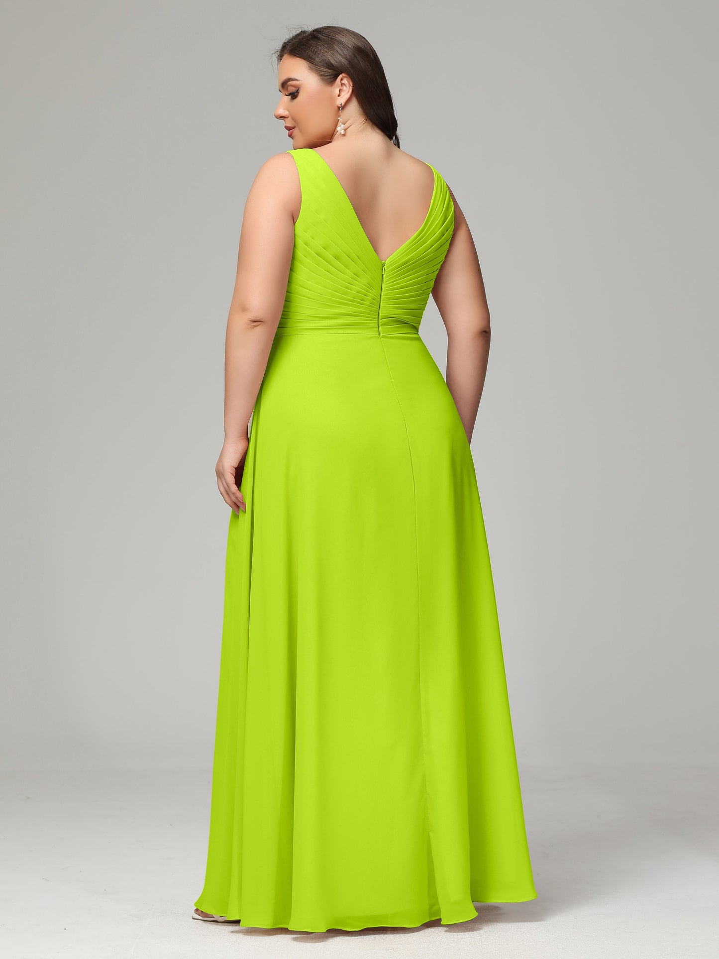 V-neck Straps Chiffon Plus Size Long Bridesmaid Dresses