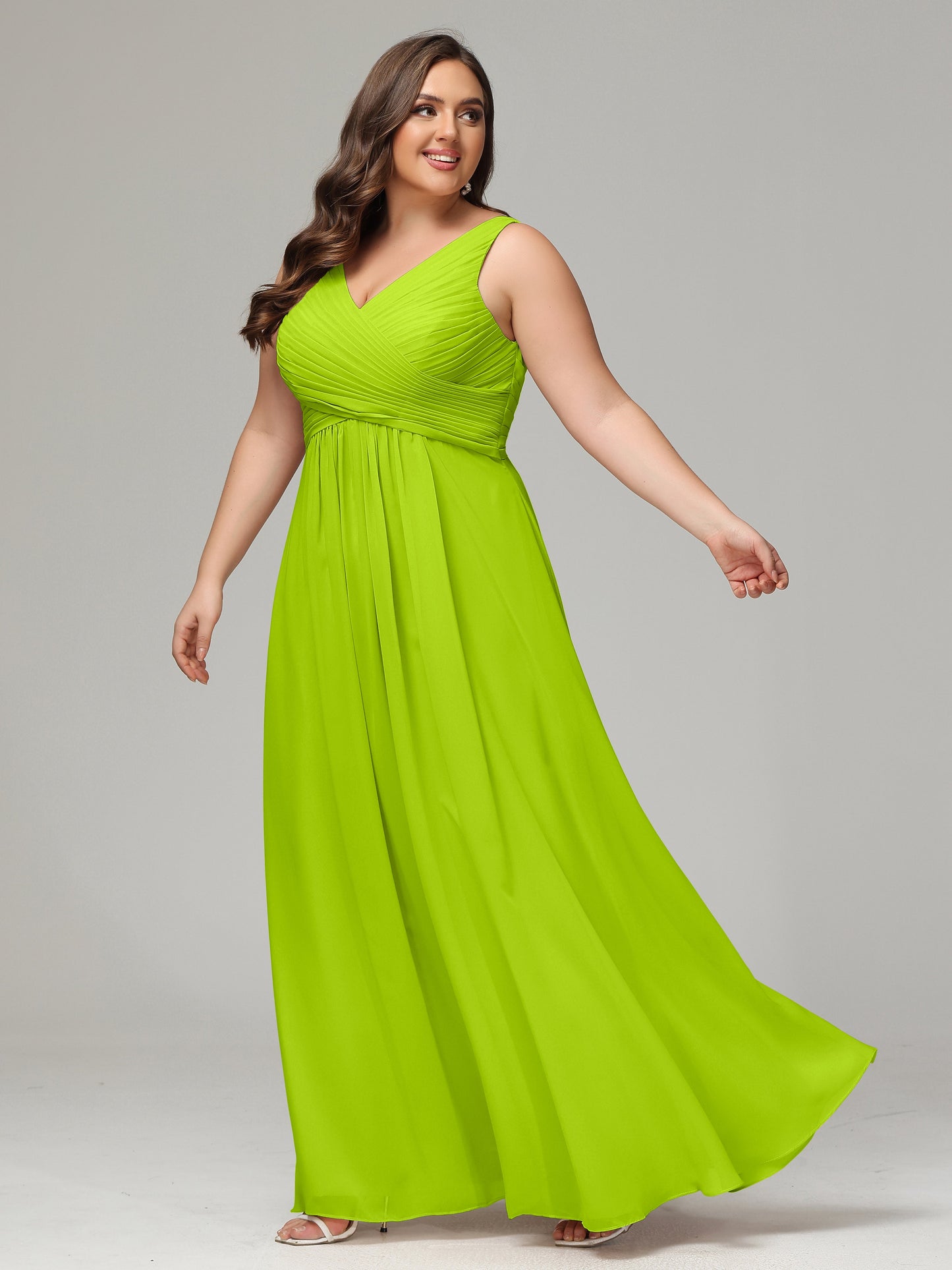 V-neck Straps Chiffon Plus Size Long Bridesmaid Dresses