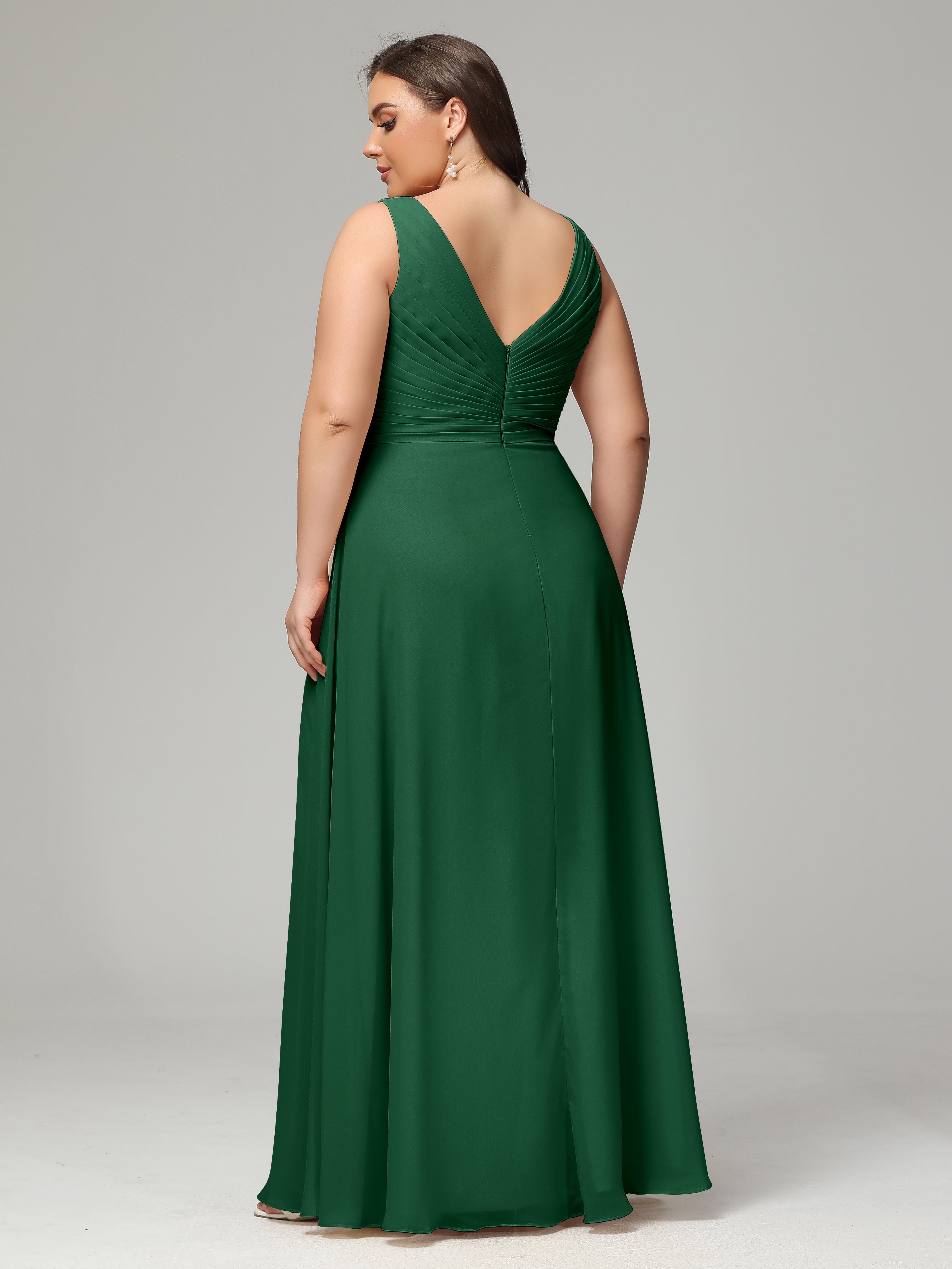 V-neck Straps Chiffon Plus Size Long Bridesmaid Dresses