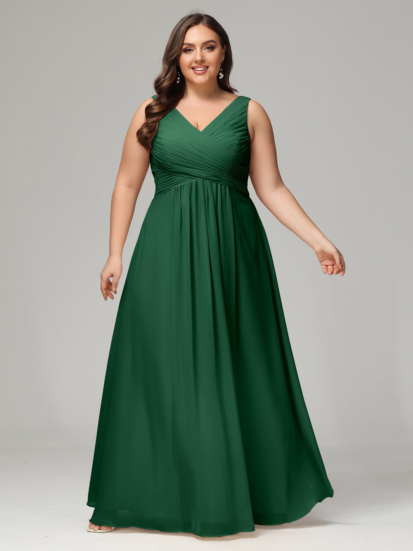 V-neck Straps Chiffon Plus Size Long Bridesmaid Dresses