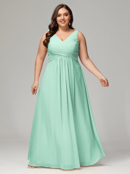 V-neck Straps Chiffon Plus Size Long Bridesmaid Dresses