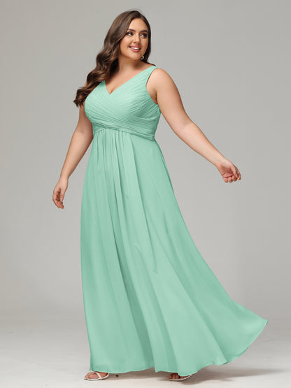 V-neck Straps Chiffon Plus Size Long Bridesmaid Dresses