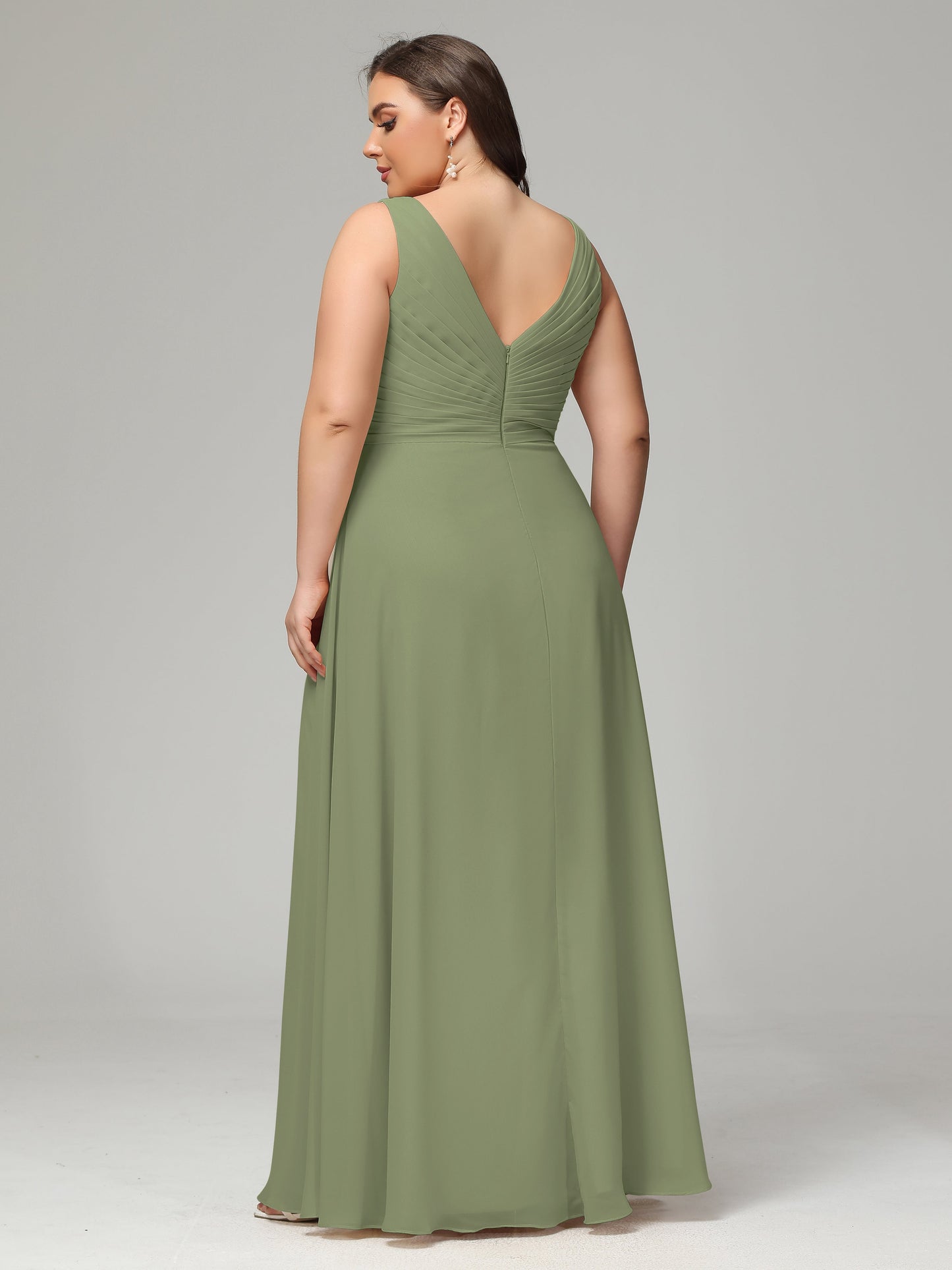 V-neck Straps Chiffon Plus Size Long Bridesmaid Dresses