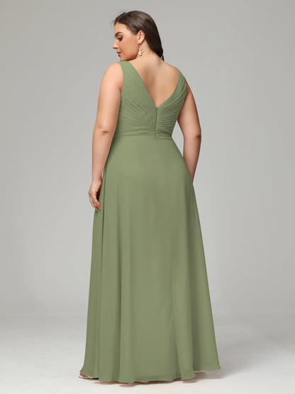 V-neck Straps Chiffon Plus Size Long Bridesmaid Dresses