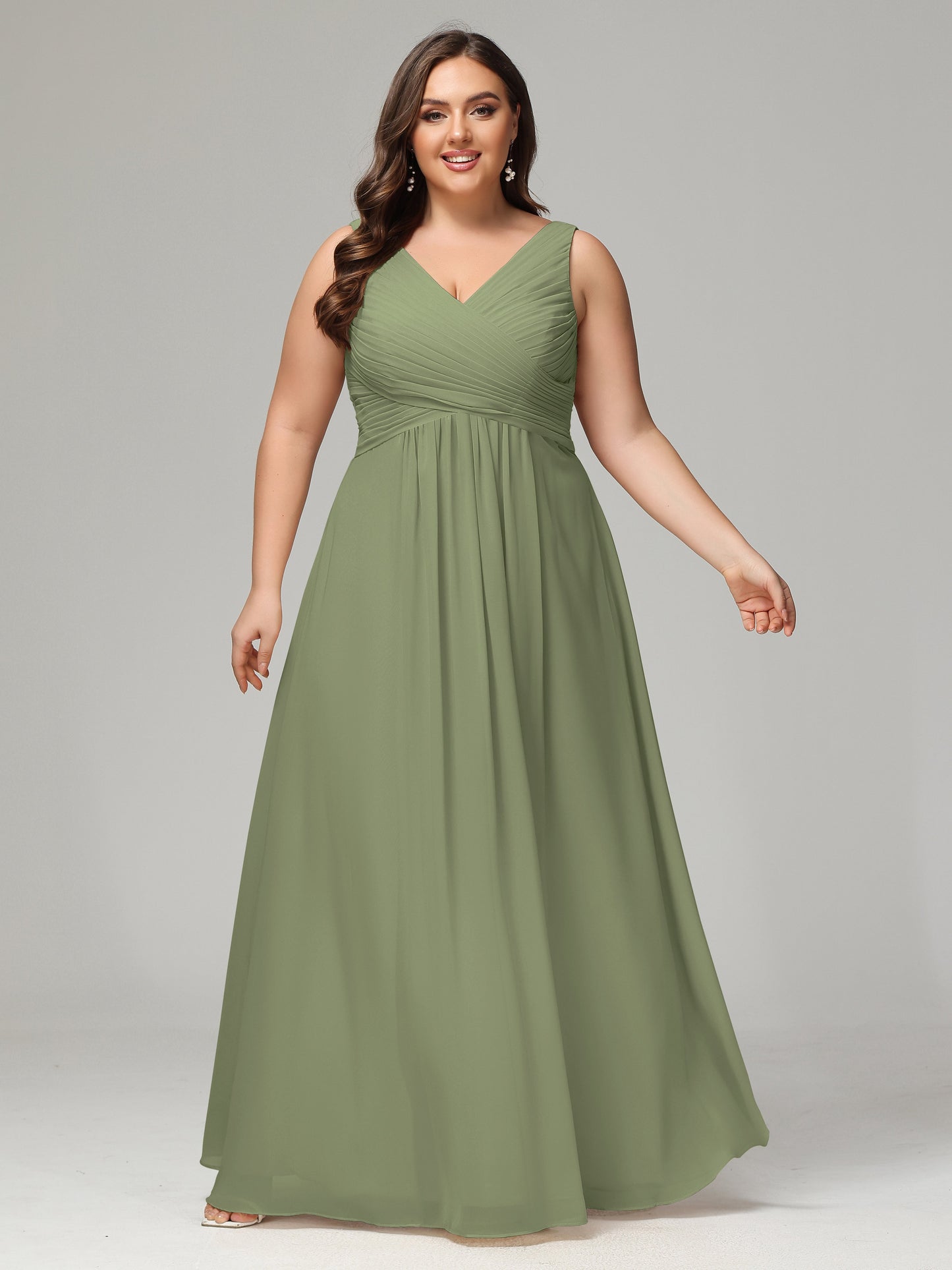 V-neck Straps Chiffon Plus Size Long Bridesmaid Dresses