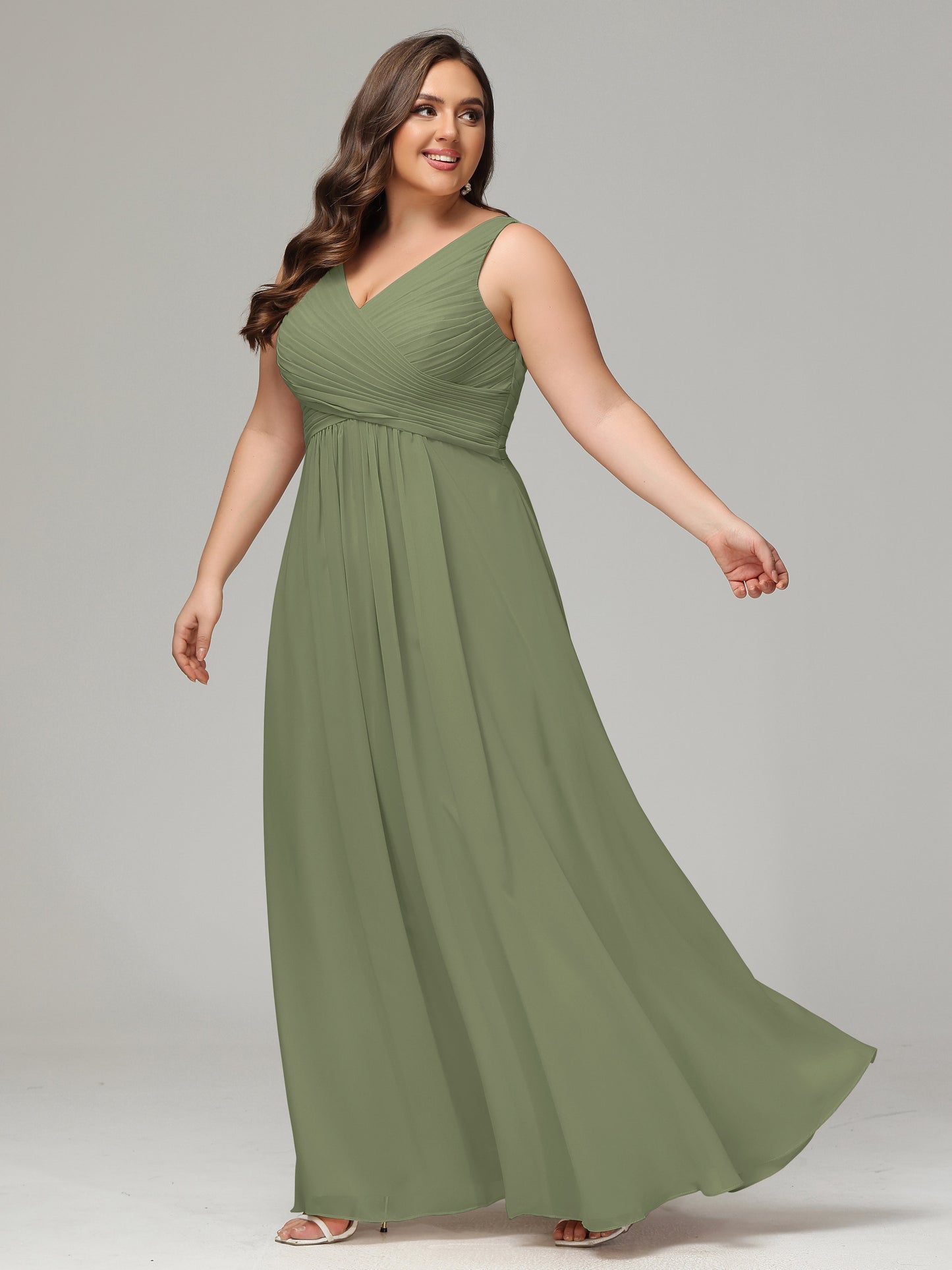 V-neck Straps Chiffon Plus Size Long Bridesmaid Dresses