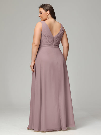 V-neck Straps Chiffon Plus Size Long Bridesmaid Dresses