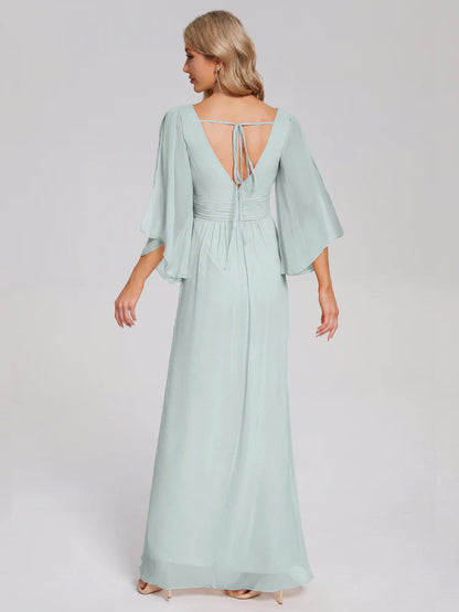 Fatima V-neck Ruffles Long Chiffon Bridesmaid Dress with Slit